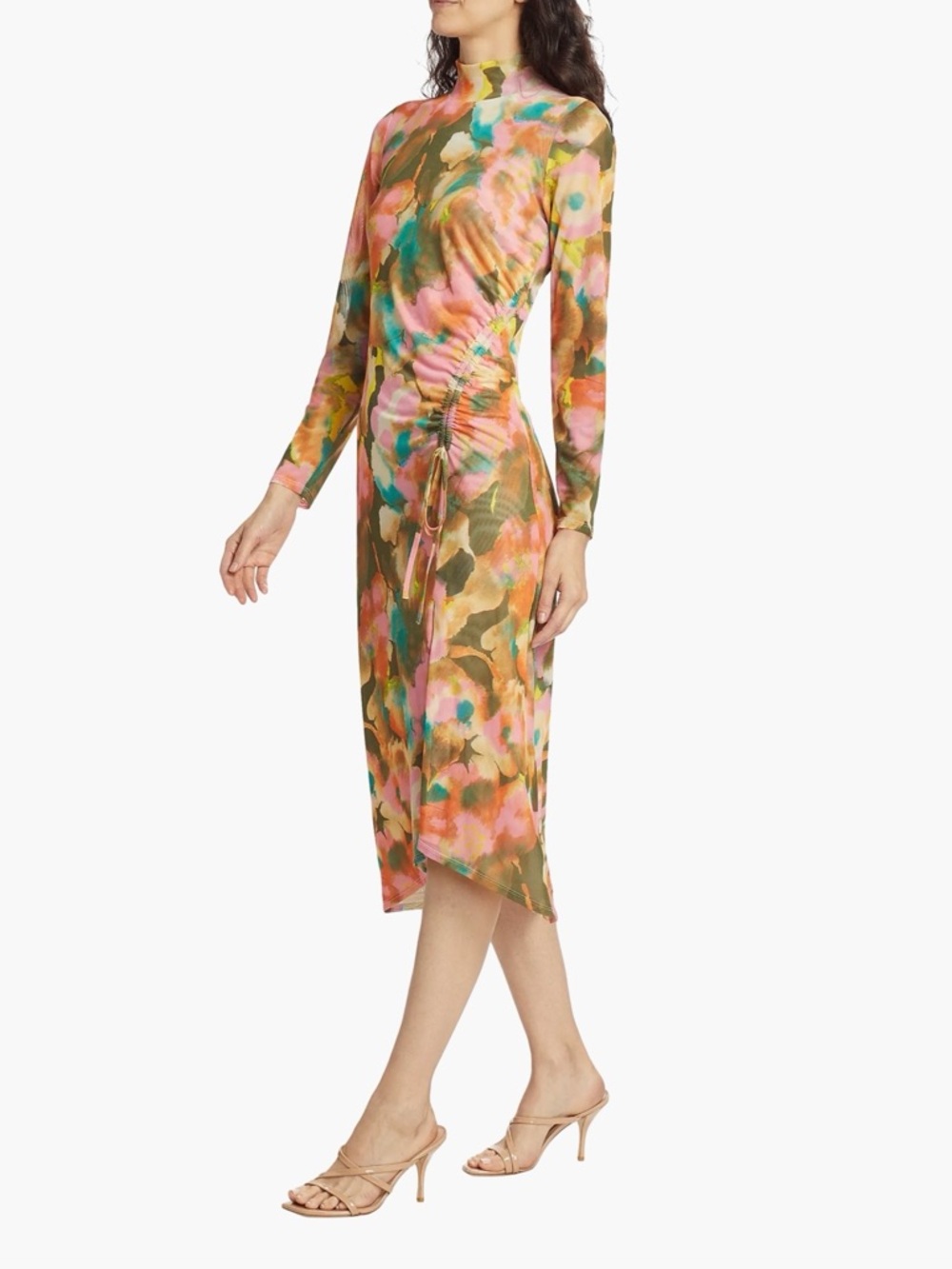 Rails Long Sleeve Floral Midi Dress in Olive, Pink and Teal